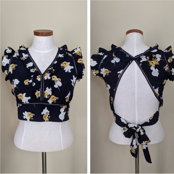 CHRISELLE Joa J.O.A floral Ruffle crop top XSMALL open back blue NEW bohemian - Picture 1 of 15